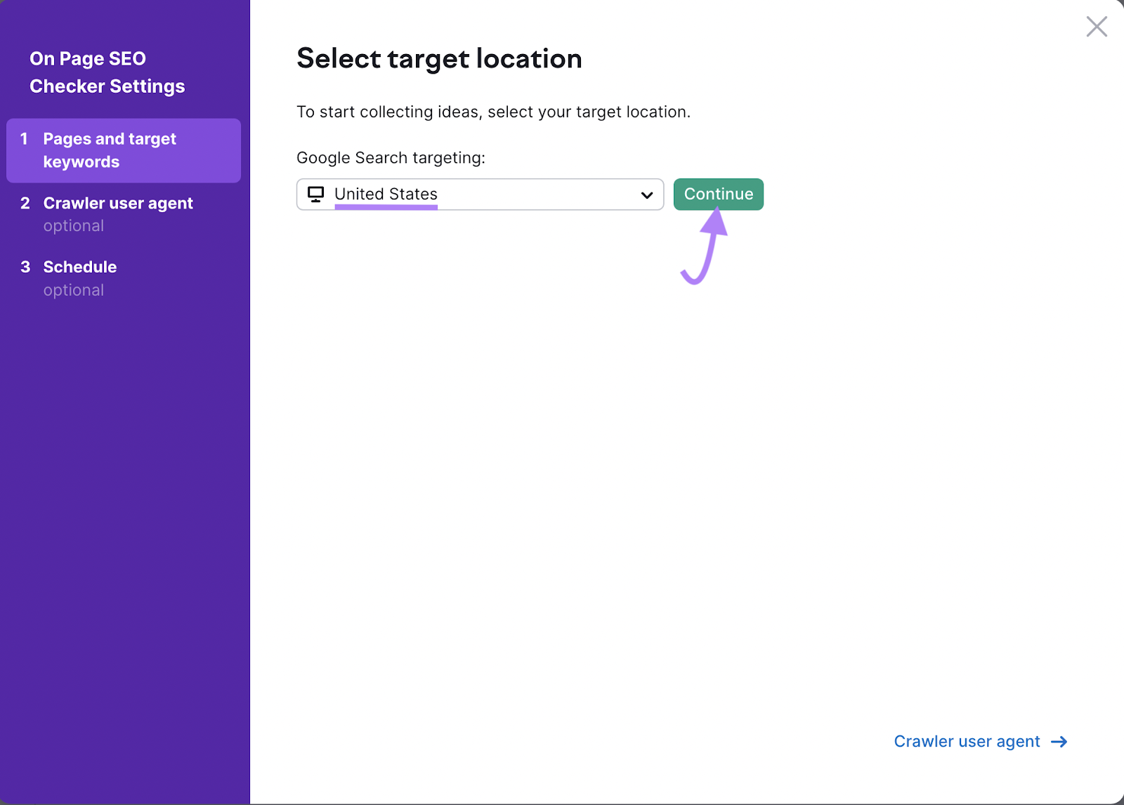 "Select target location" popup window in On Page SEO Checker