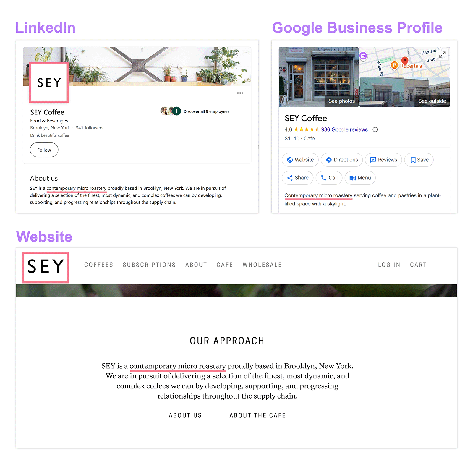 Brand name shown consistently across LinkedIn, Google Business Profile, and website.
