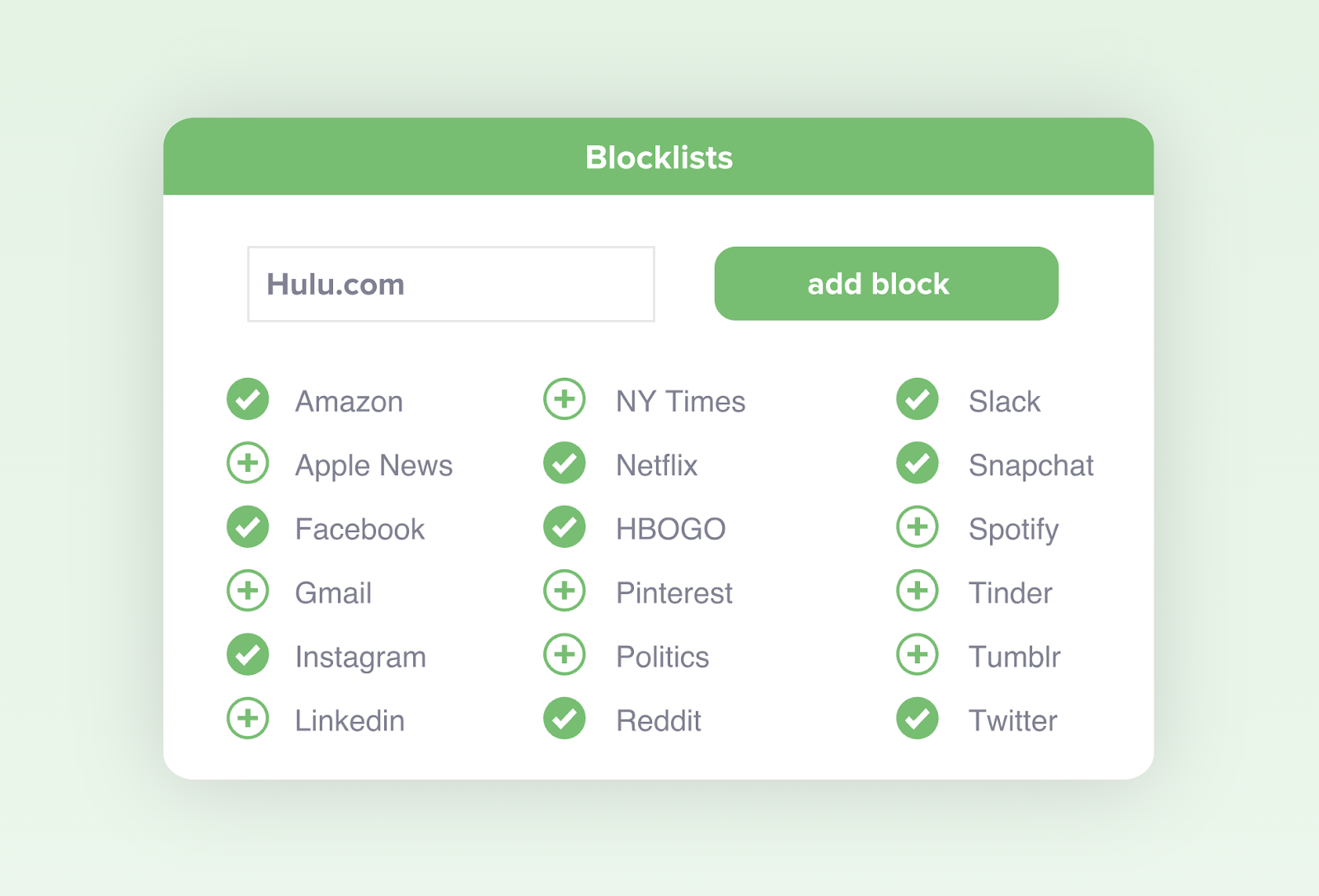 Writing instrumentality shows options to adhd blocks for sites for illustration Amazon, Facebook, Reddit, Slack, and more.