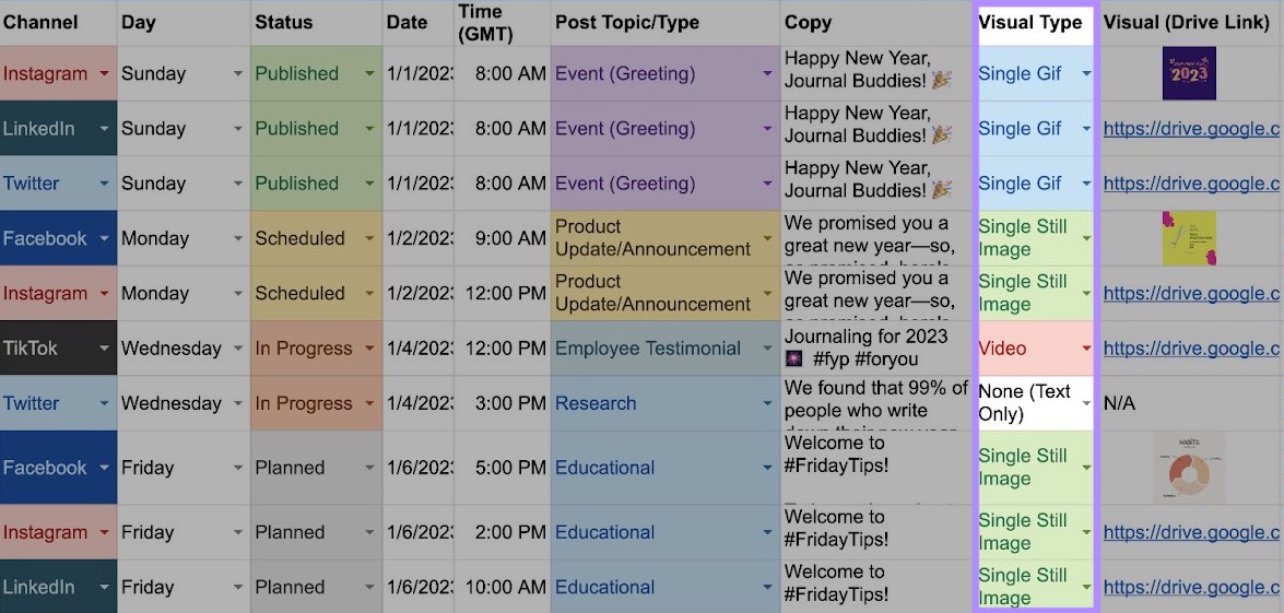"Visual Type" color-coded column highlighted in social media content calendar