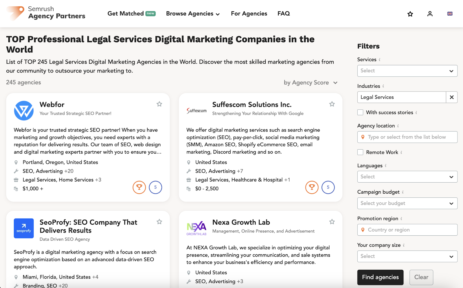 Semrush Agency Partners' page showing "TOP Professional Legal Services Digital Marketing Companies in the World"