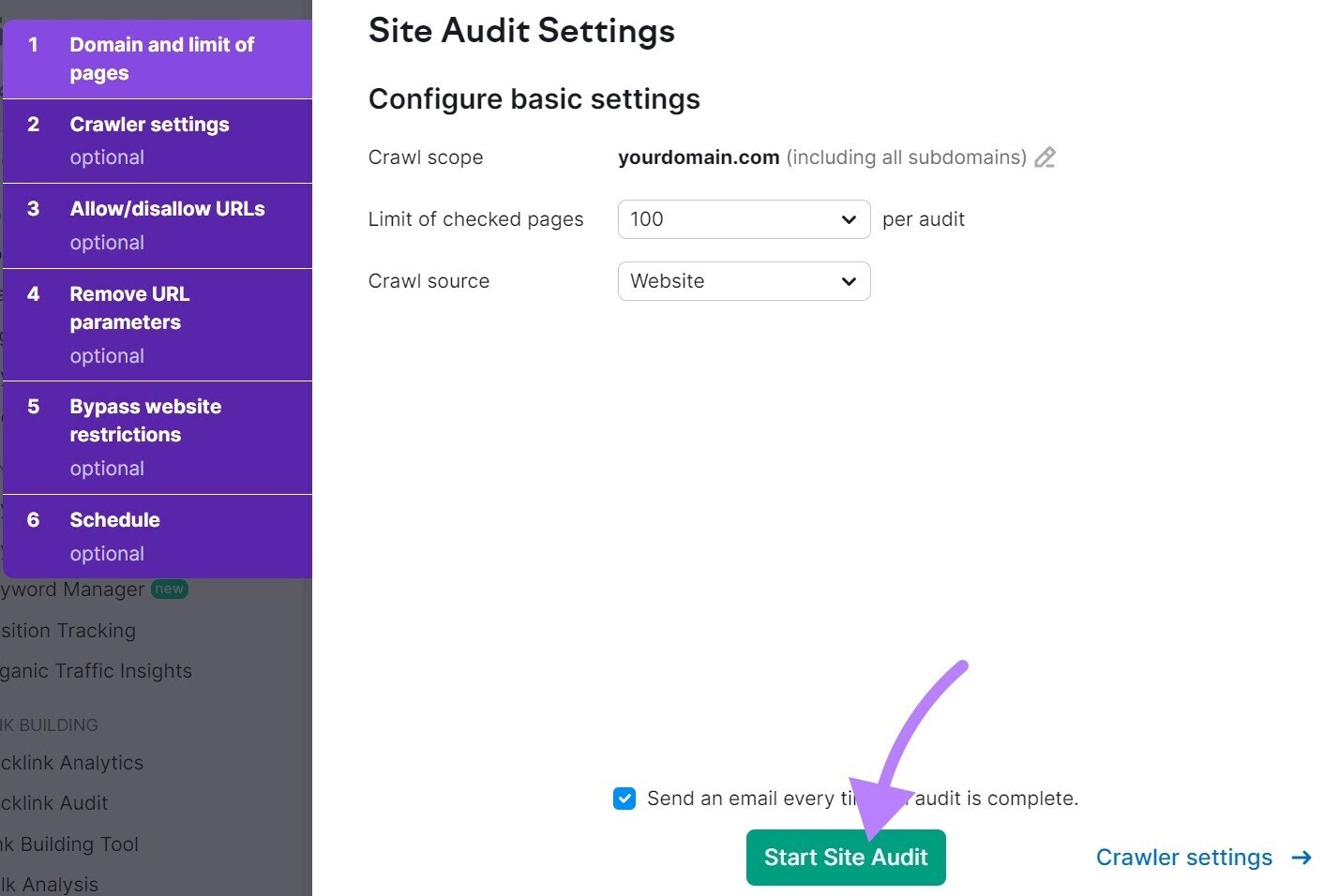"Site Audit Settings" page with “Start Site Audit” button highlighted
