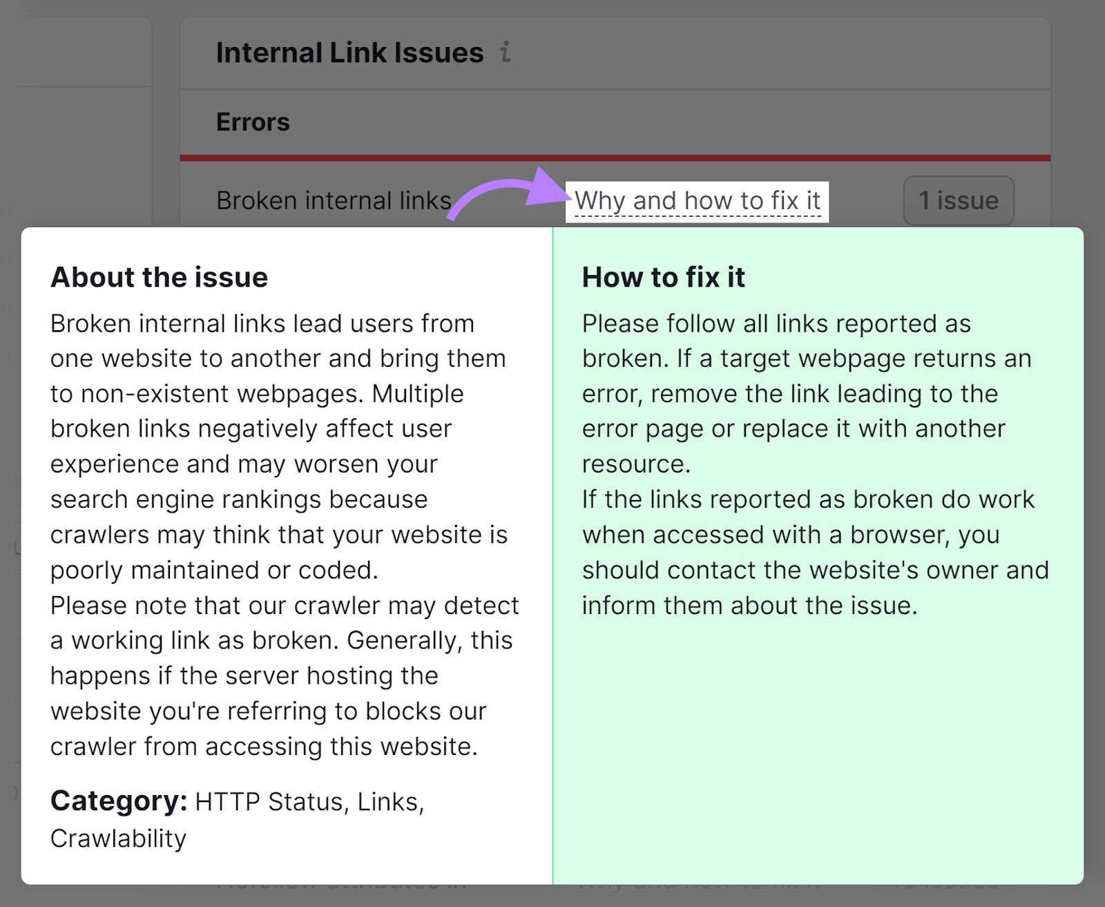 "Internal Link Issues" section of the Site Audit tool showing the "Why and how to fix it" window.