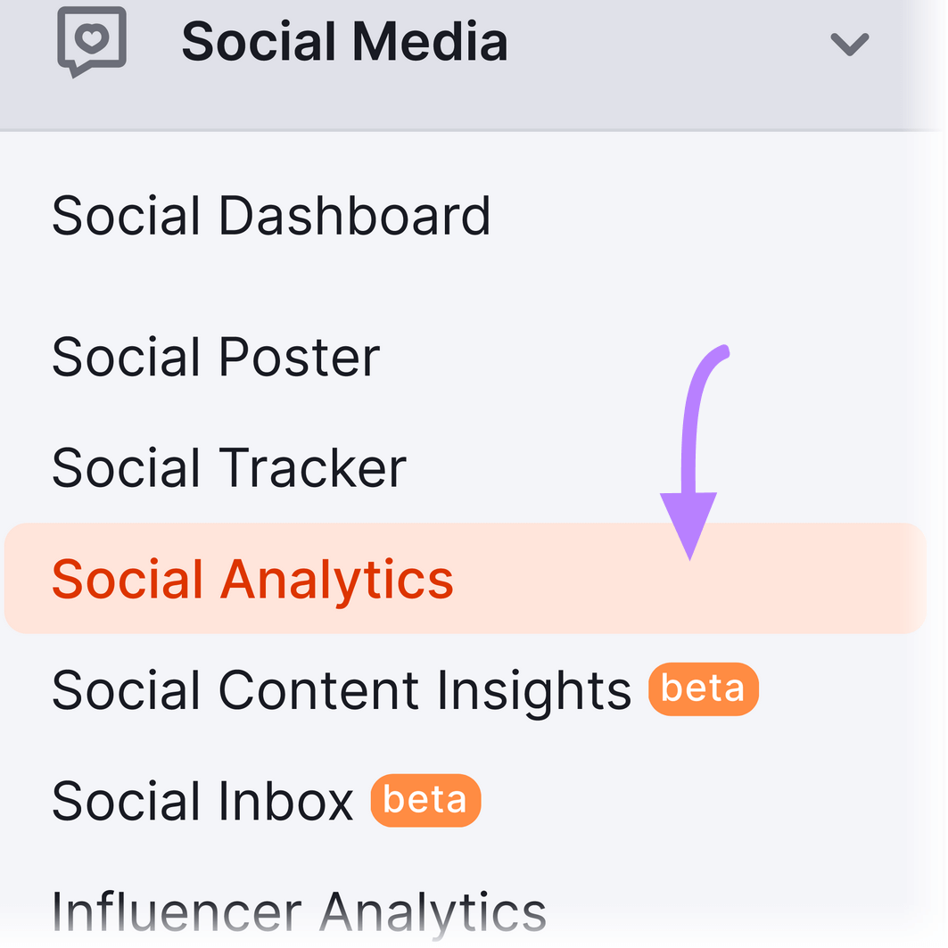 “Social Analytics" selected under "Social Media" section in Semrush menu