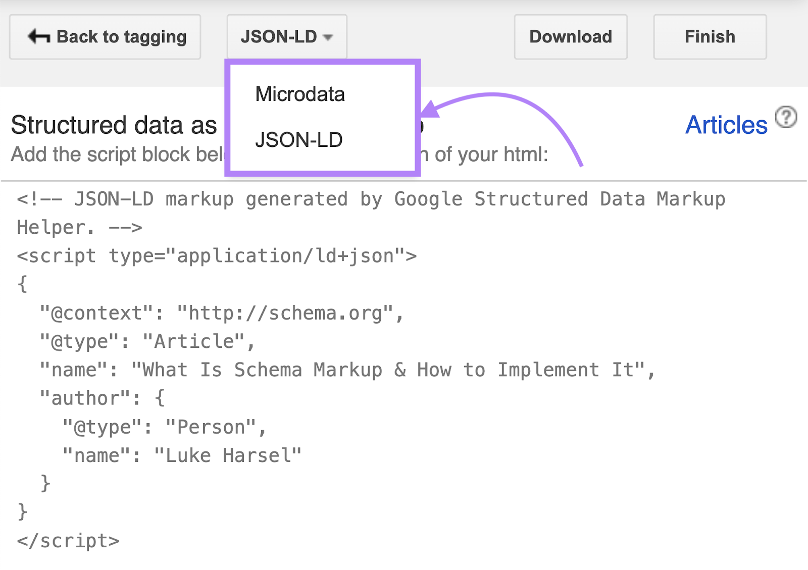 Microdata and JSON-LD options are highlighted in the drop down menu.