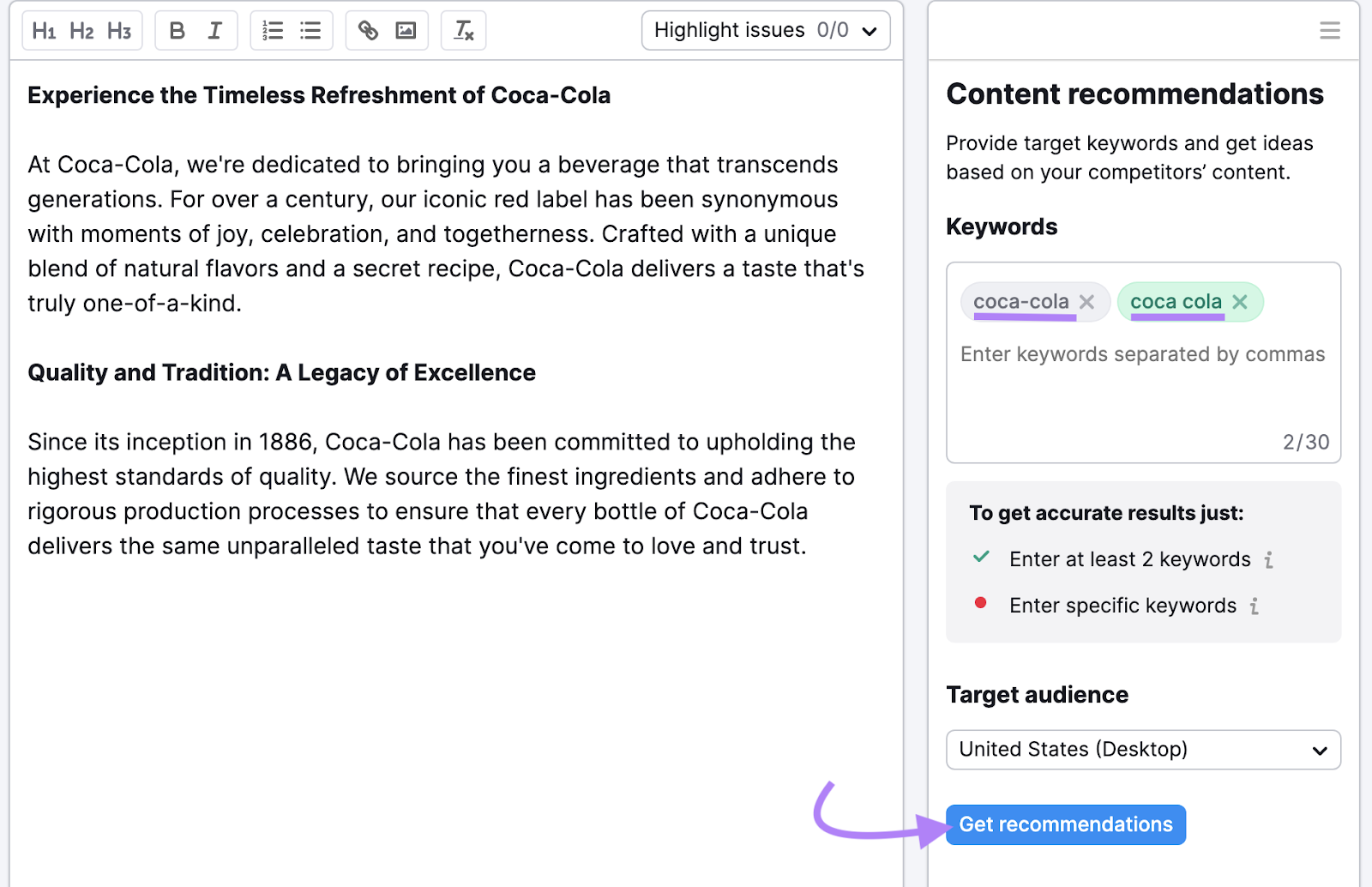 "Get recommendations" button highlighted in the SEO Writing Assistant editor