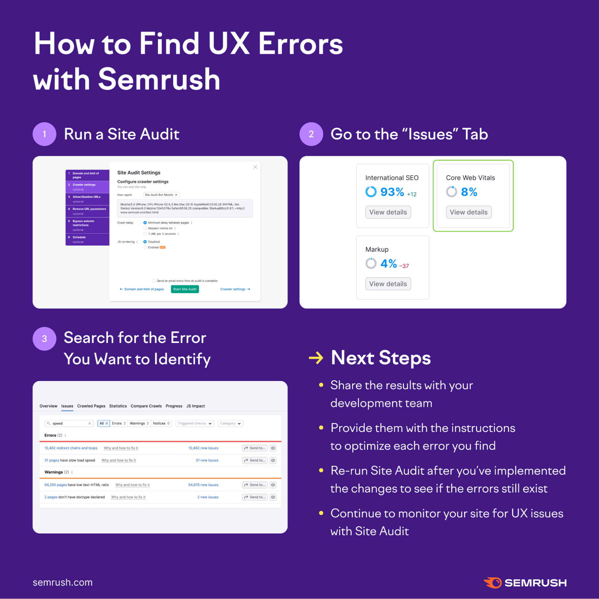 Find UX errors with Semrush's tract  audit by searching for an mistake  successful  the Issues tab.