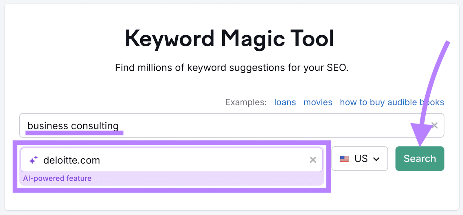 Semrush Keyword Magic Tool's start screen with the AI feature highlighted