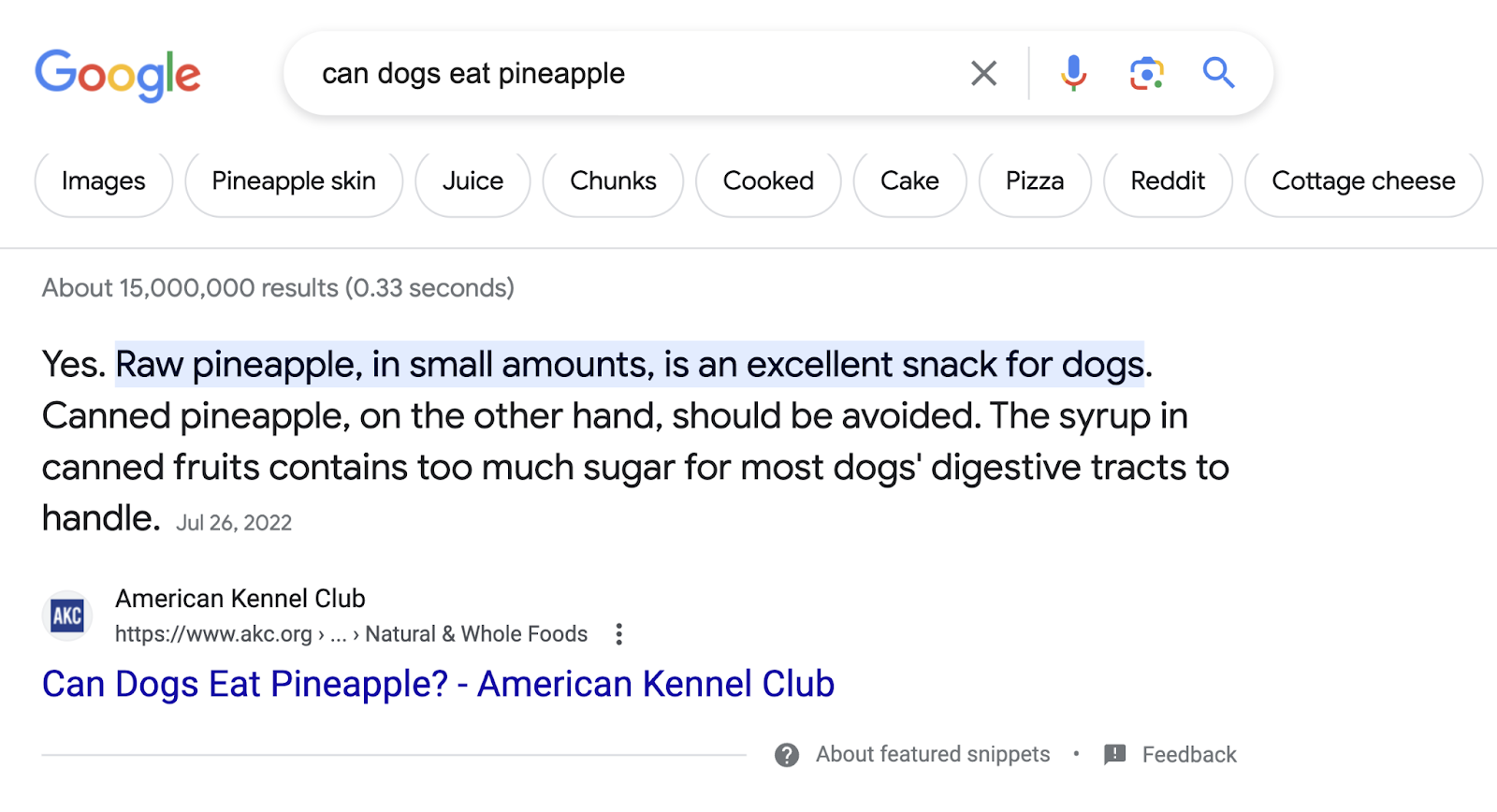 Featured snippet on Google for "can dogs eat pineapple" search