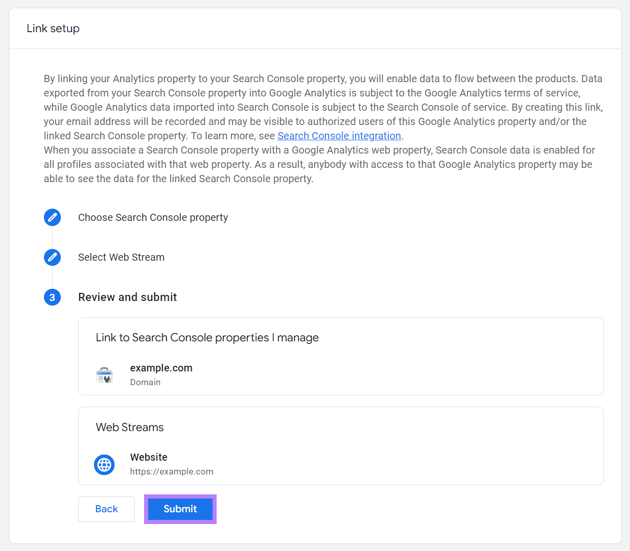 Review and submit step with Submit button highlighted.