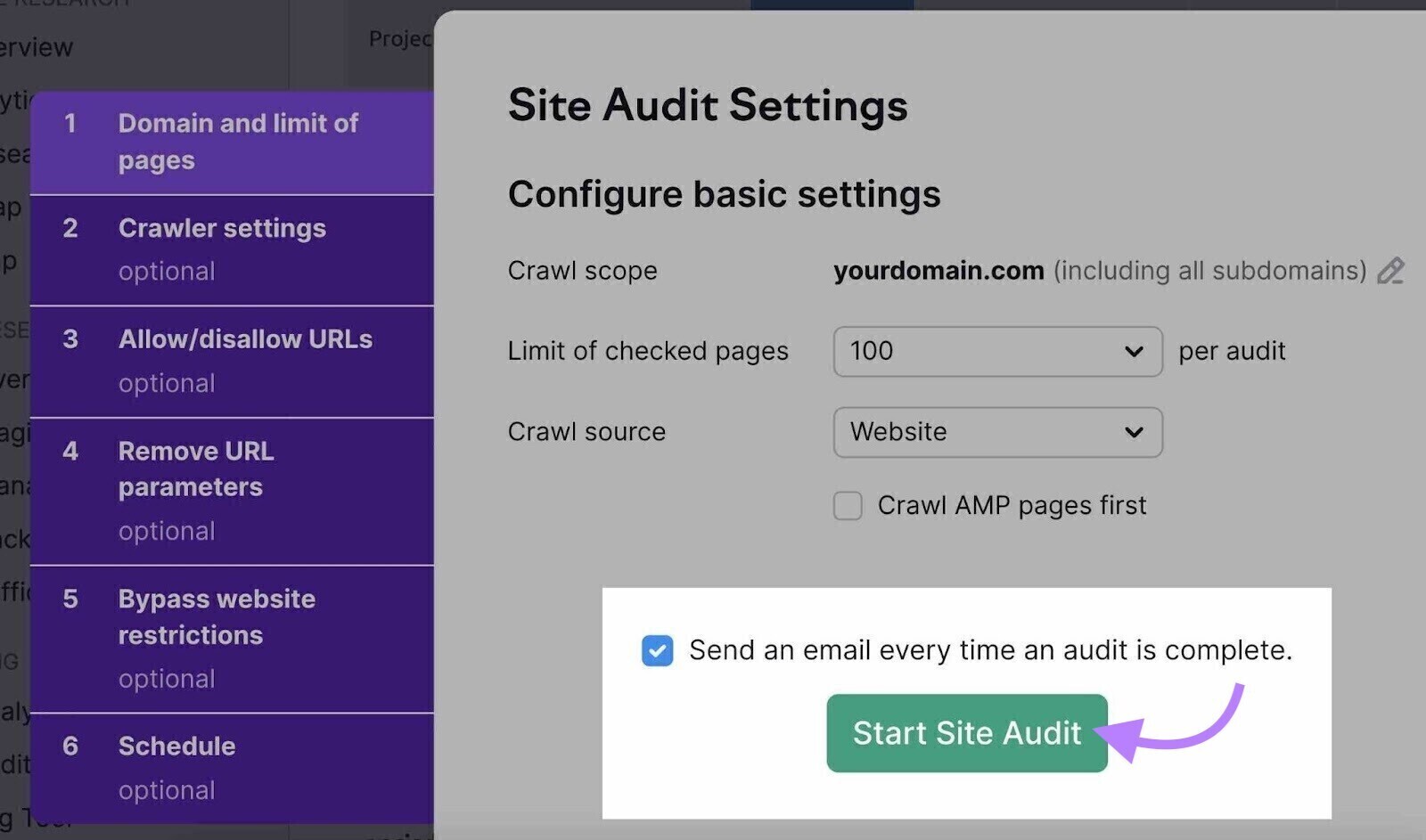 “Start Site Audit” button highlighted in Site Audit Settings page