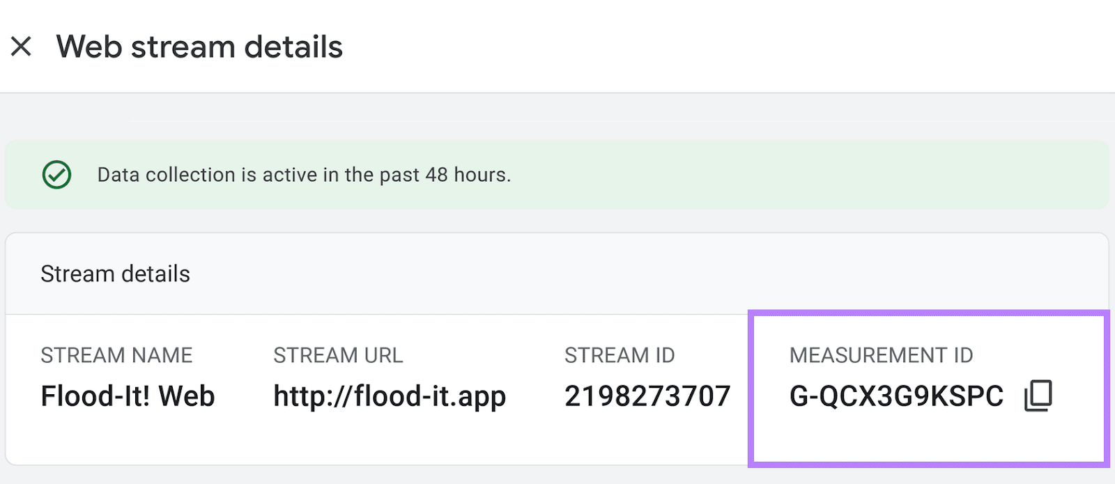 Measurement ID highlighted under "Web stream details" window