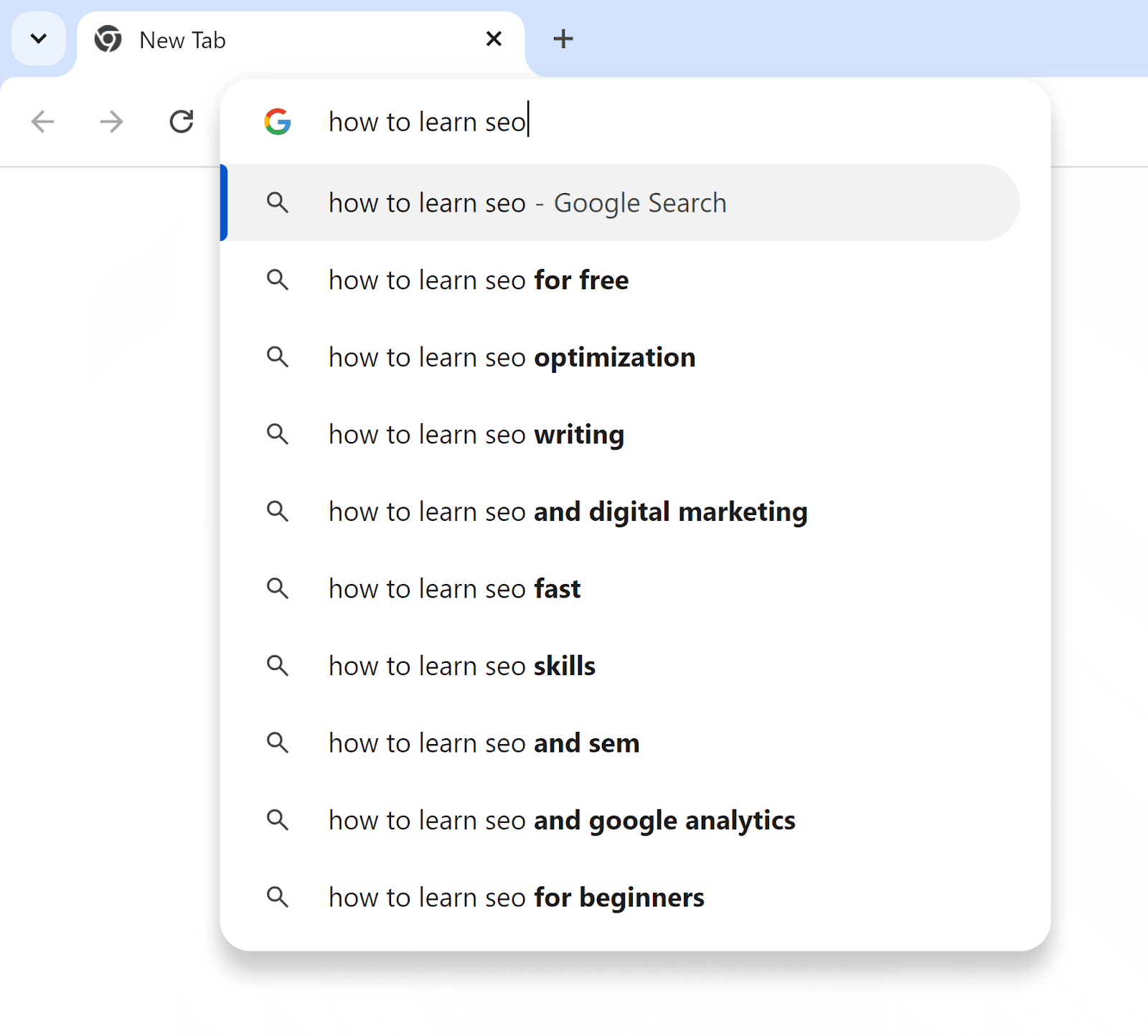 'how to learn seo' typed in browser search bar showing Google Search as default search engine