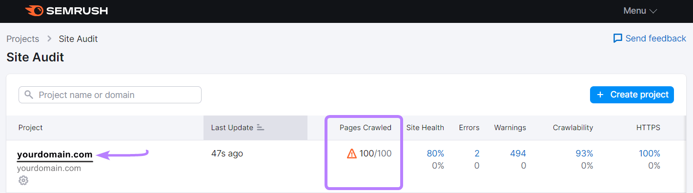 "100/100" appeared under "Pages Crawled" column in Site Audit