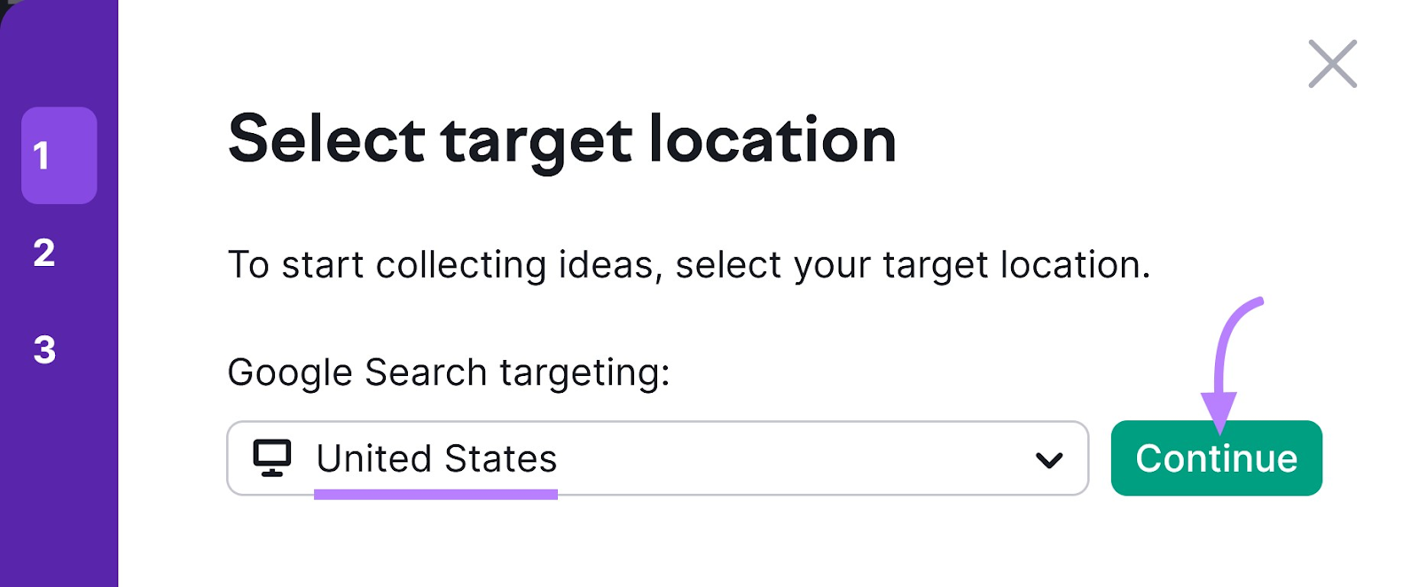 On Page SEO Checker tool select target location page with "United States" in the search bar and a "Continue" button.