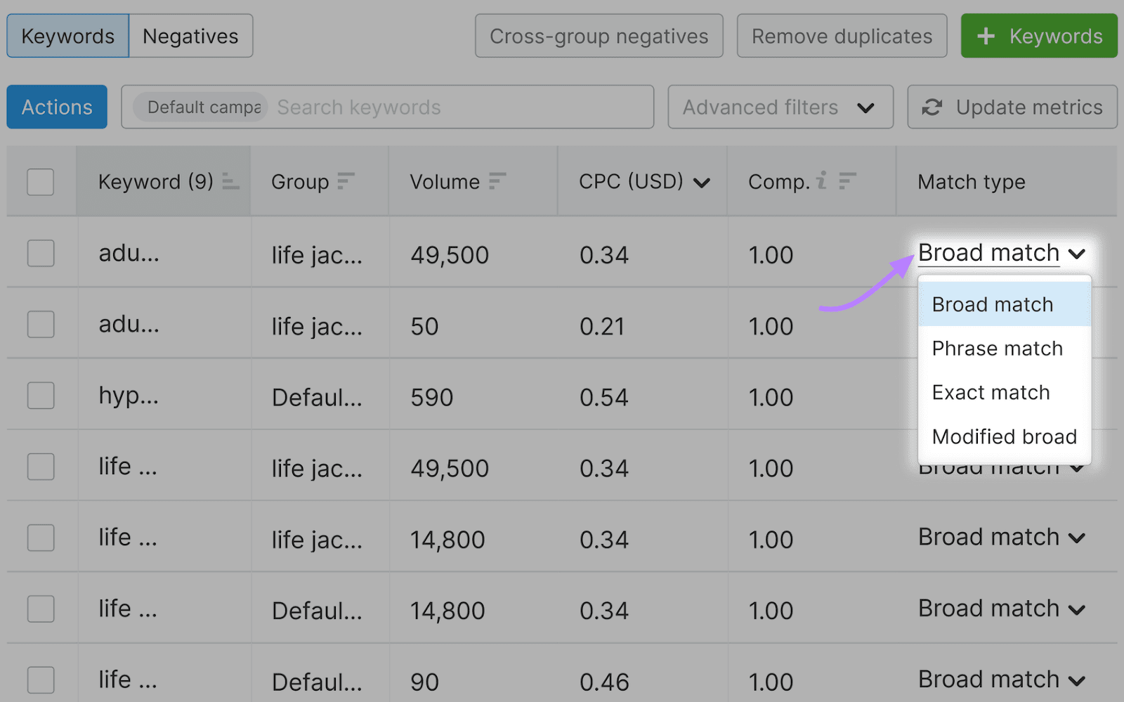 PPC Keyword Tool interface showing a dropdown menu with options for match types highlighted.