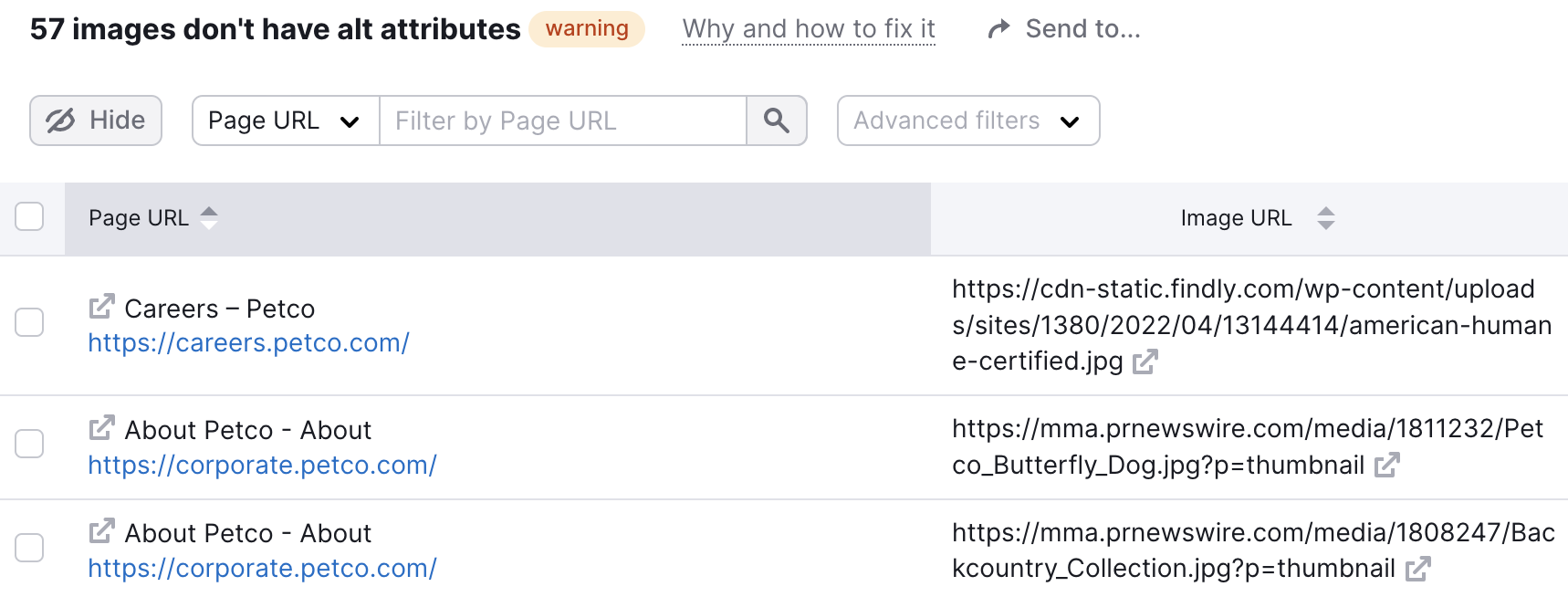 Pages with missing alt attributes in Site Audit