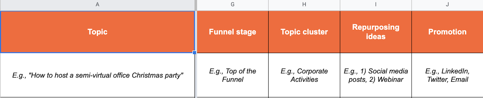 fields in your content calendar template