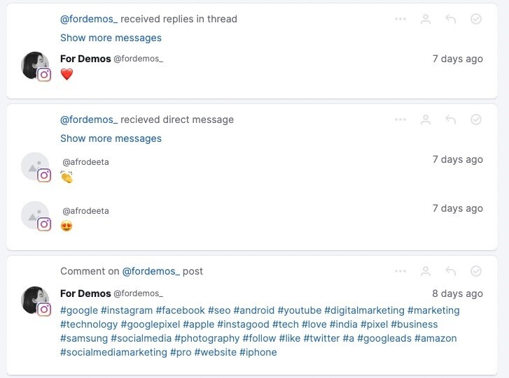 The Social Media Inbox tool showing a variety of recent Instagram mentions.