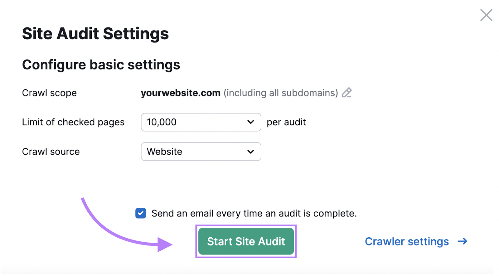 "Start Site Audit" button selected at the bottom of "Site Audit Settings" window