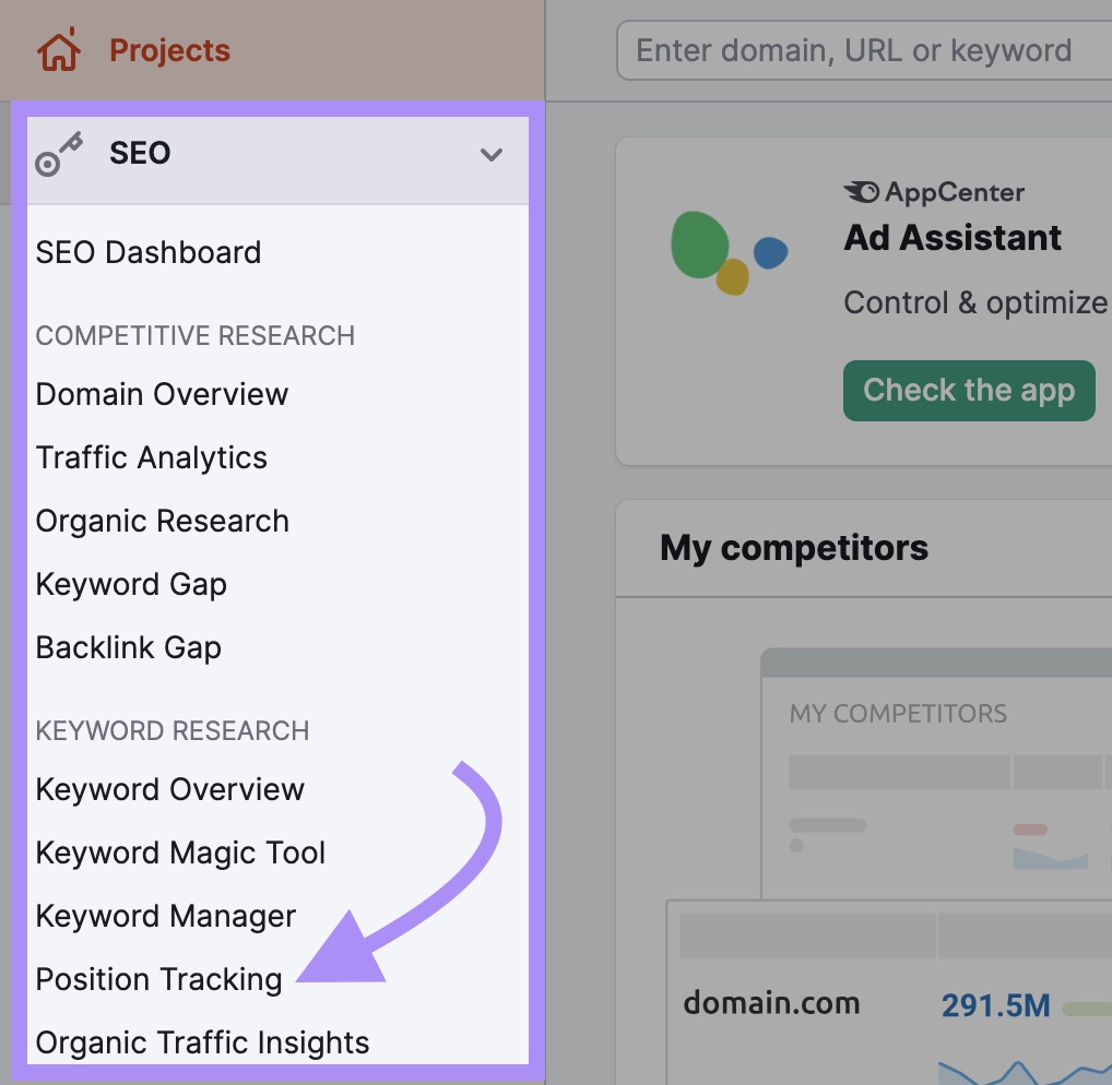 Navigating to Position Tracking tool in Semrush's dashboard