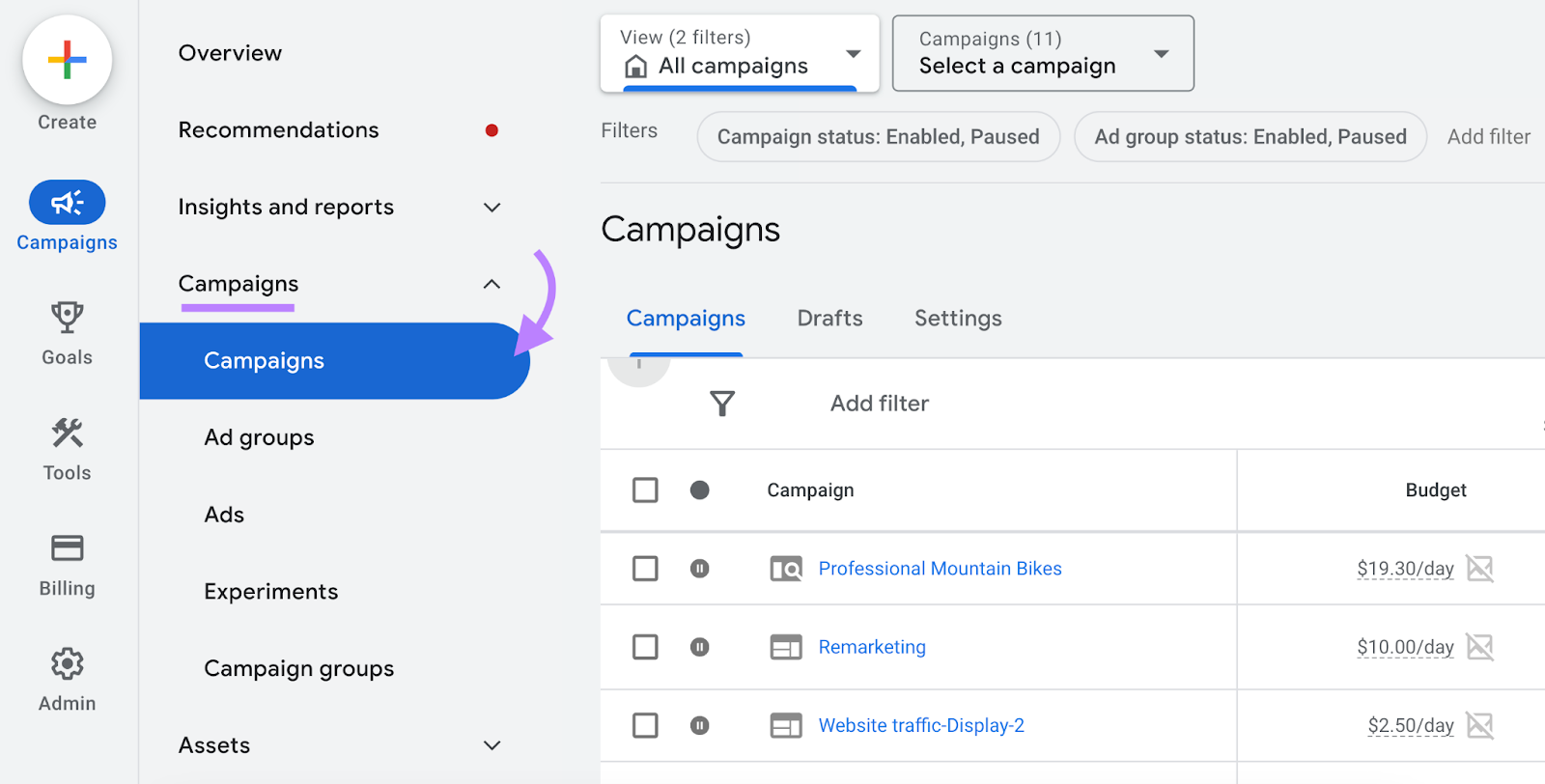navigation to “Campaigns” icon in Google Ads account dashboard