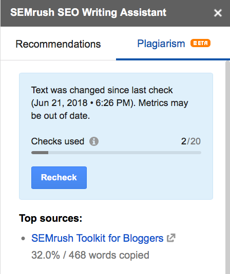 SEO Writing Assistant plagiarism checker