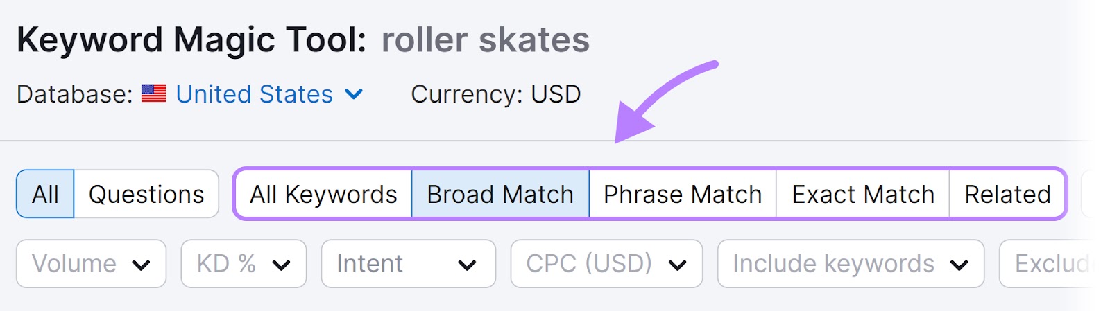 Métricas de palabras clave en Keyword Magic Tool