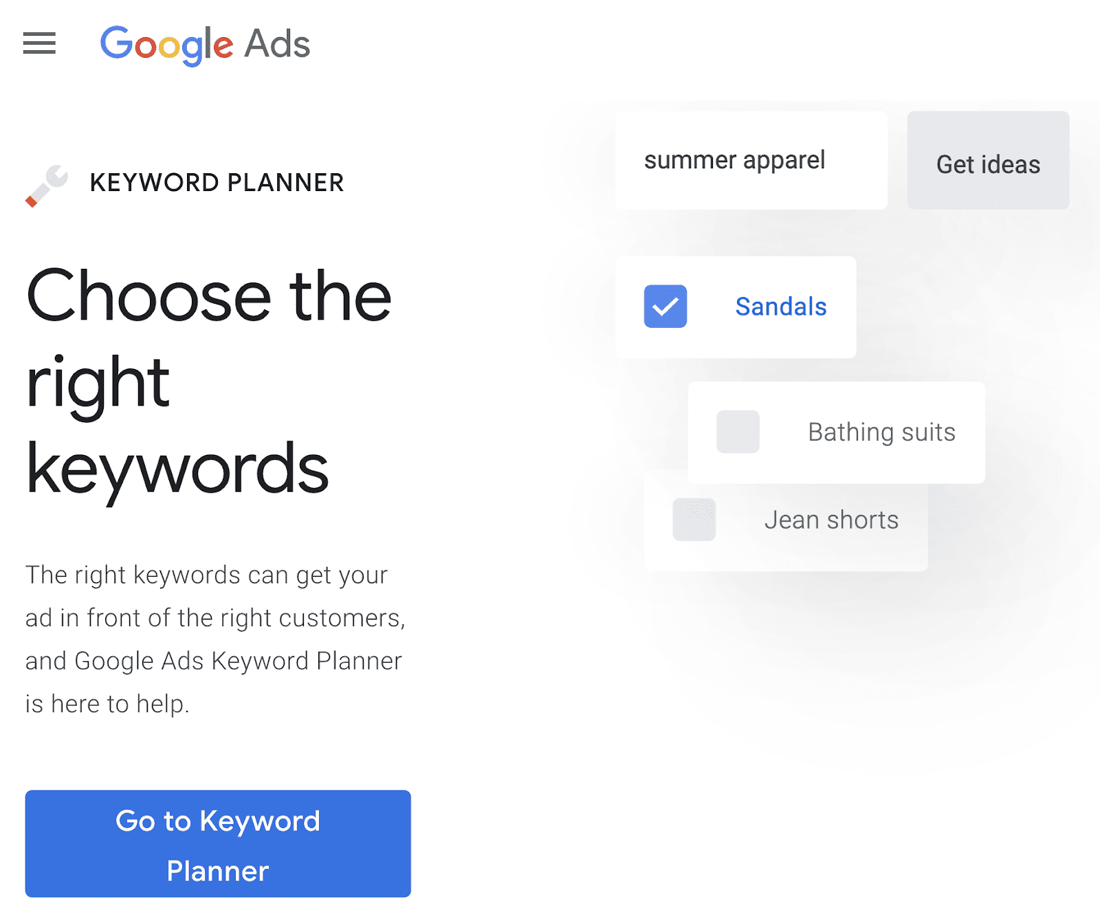 Google Keyword Planner homepage