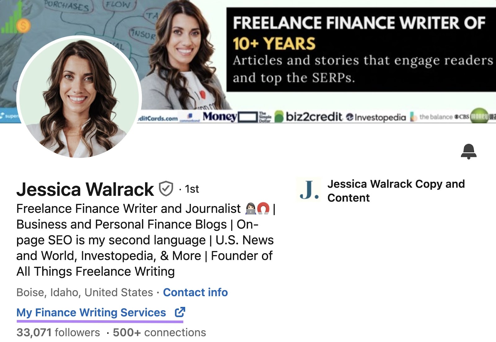 LinkedIn profile page of Jessica Walrack with custom button highlighted