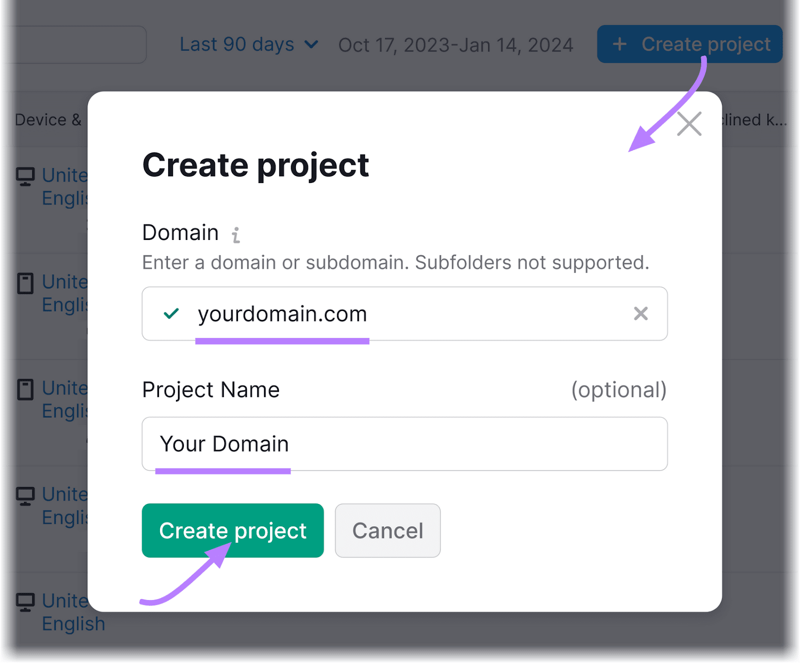 "Create project" pop-up window in Position Tracking tool