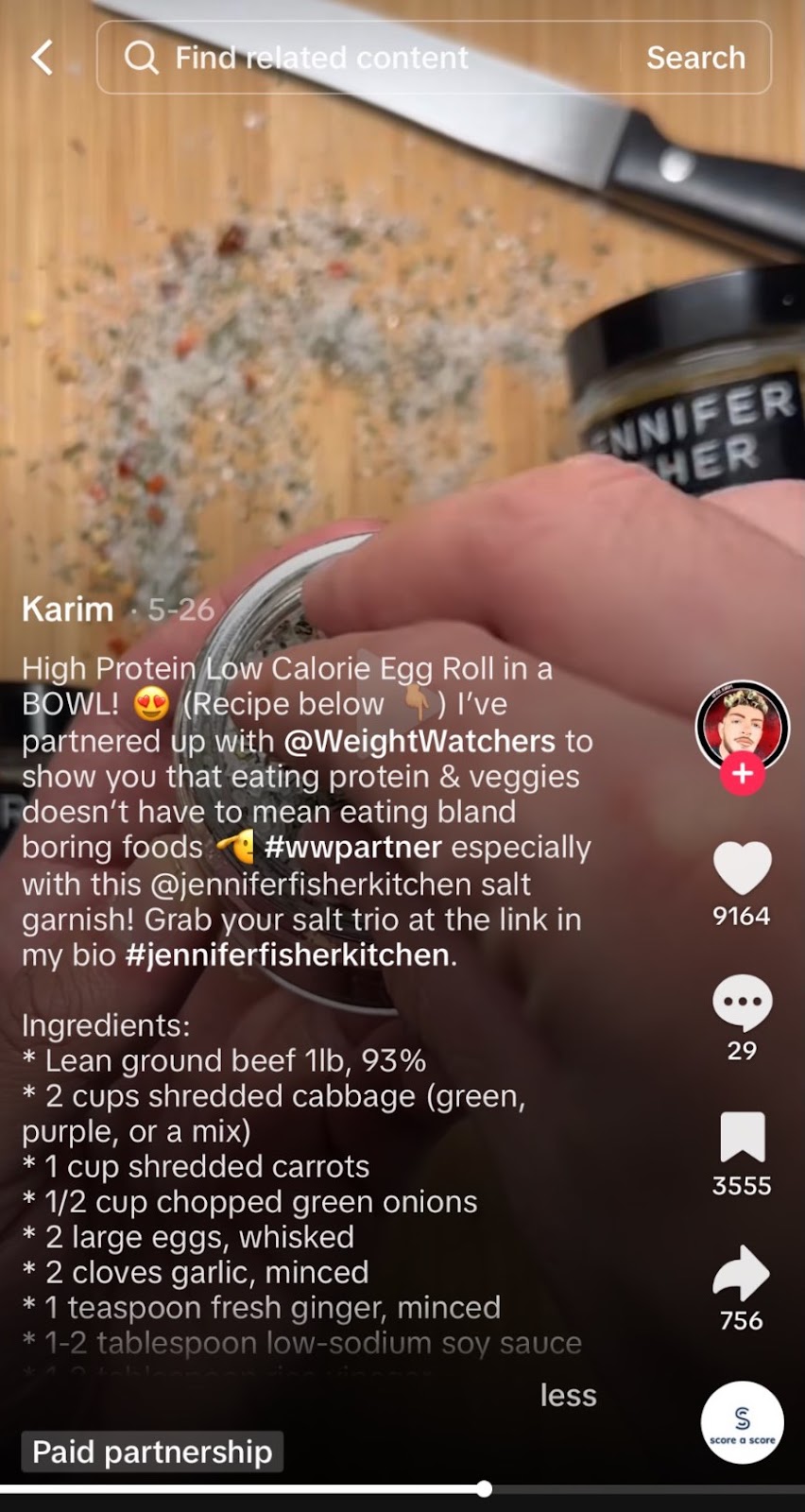 Karim's TikTok sponsored post that promotes Jennifer’s Kitchen’s Salt