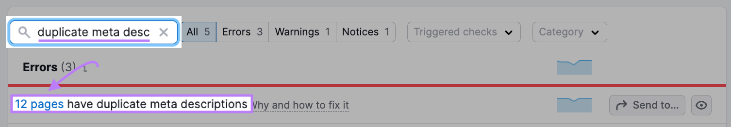 "12 pages have duplicate meta descriptions" result highlighted in Site Audit
