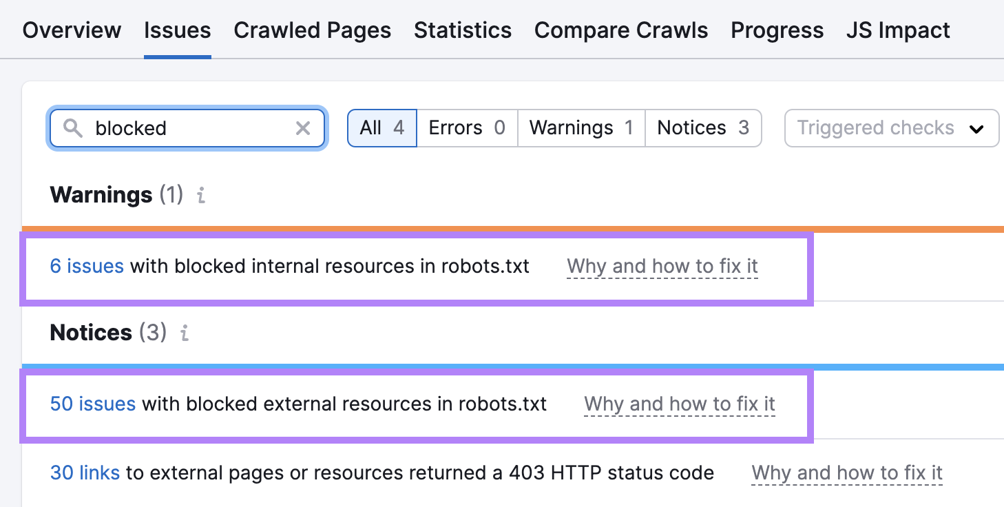 Issues with blocked interior   and outer  resources successful  robots.txt recovered  successful  Site Audit tool