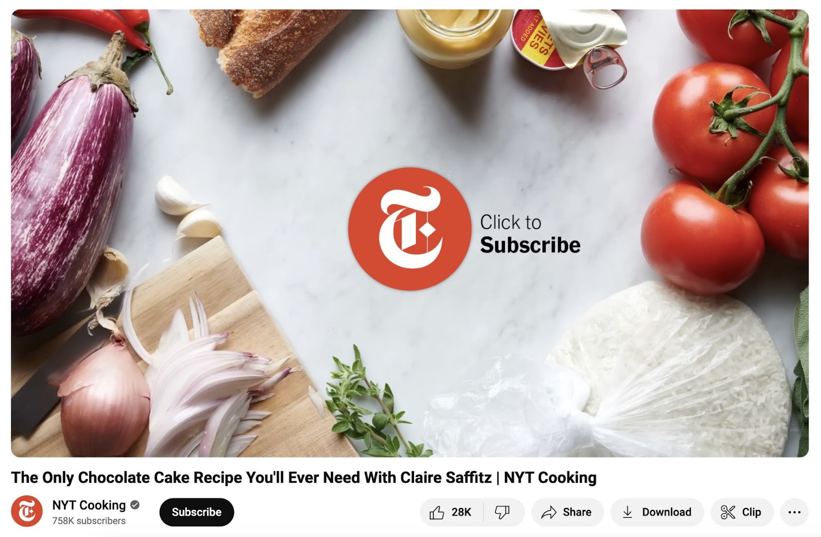 End screen from the New York Times Cooking channel that reads "Click to Subscribe"