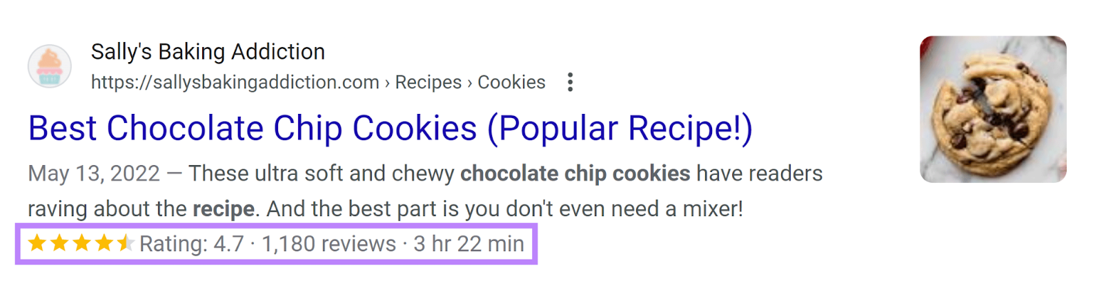 Search result for cookie recipe with recipe rich snippet highlighted.