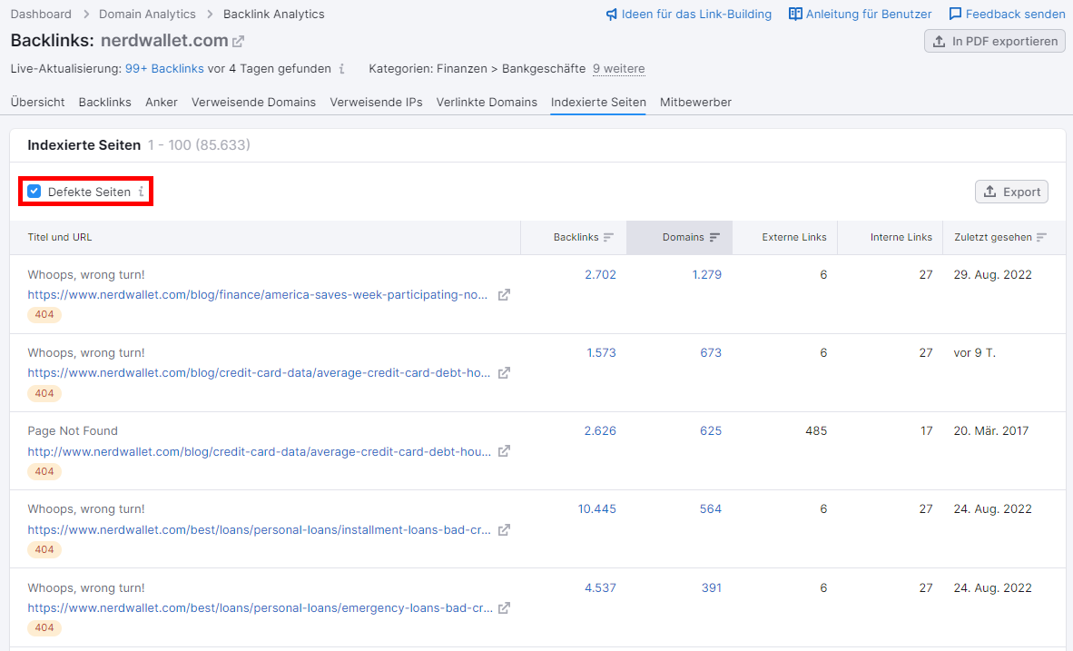 Screenshot: Defekte Seiten in Backlink-Analytics