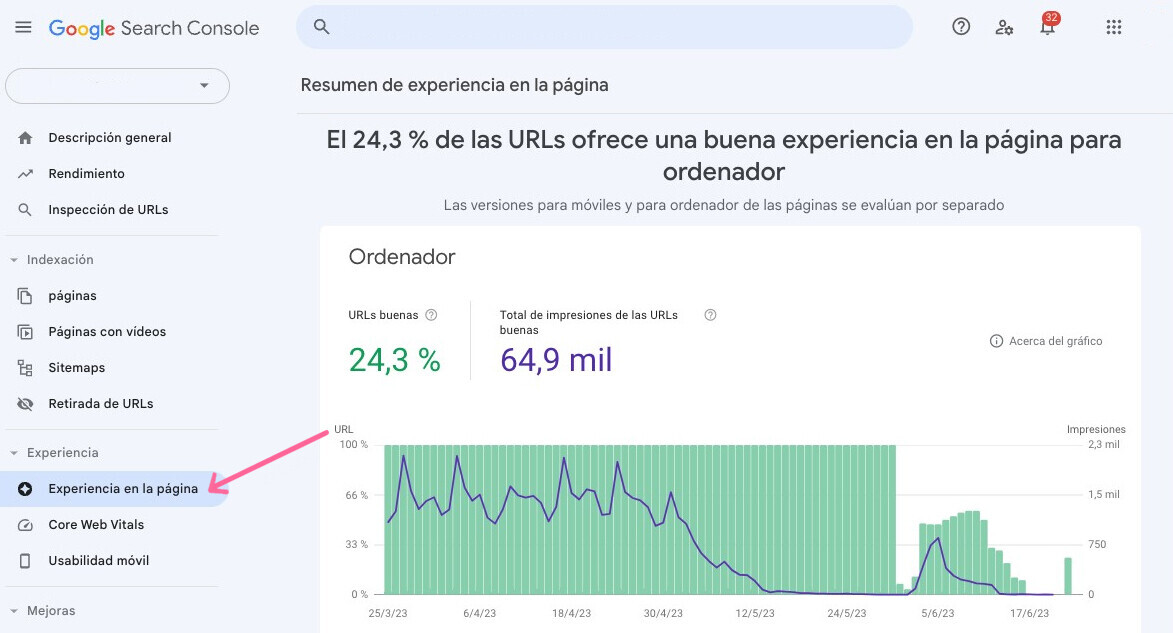 Experiencia de página en GSC