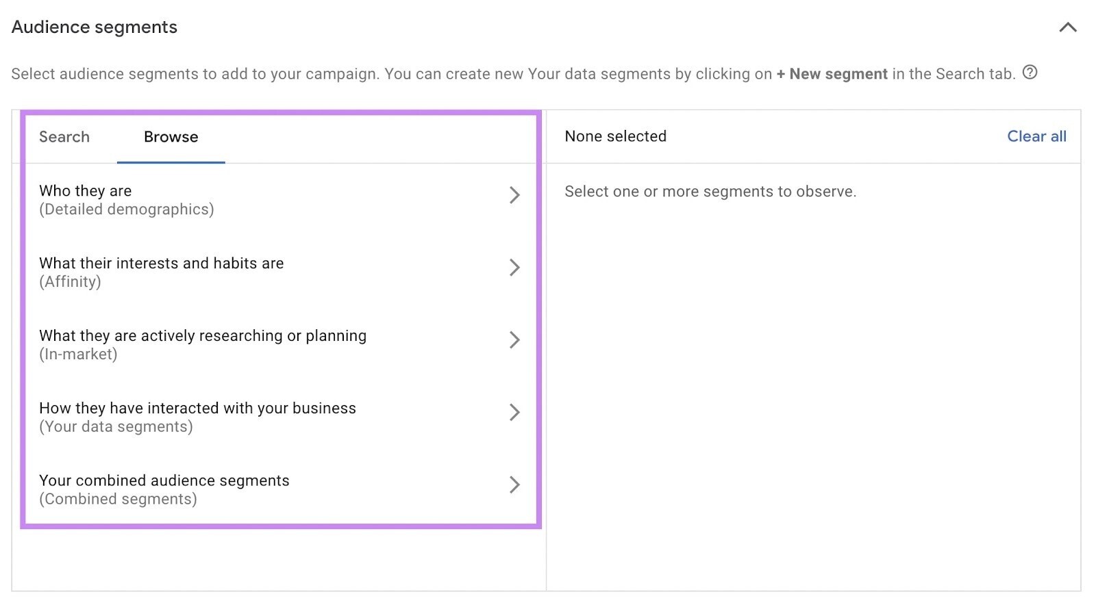 "Audience segments" section in Google Ads