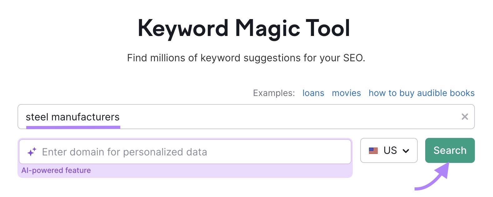 Keyword Magic Tool start with "steel manufacturers" entered and the "Search" button clicked.