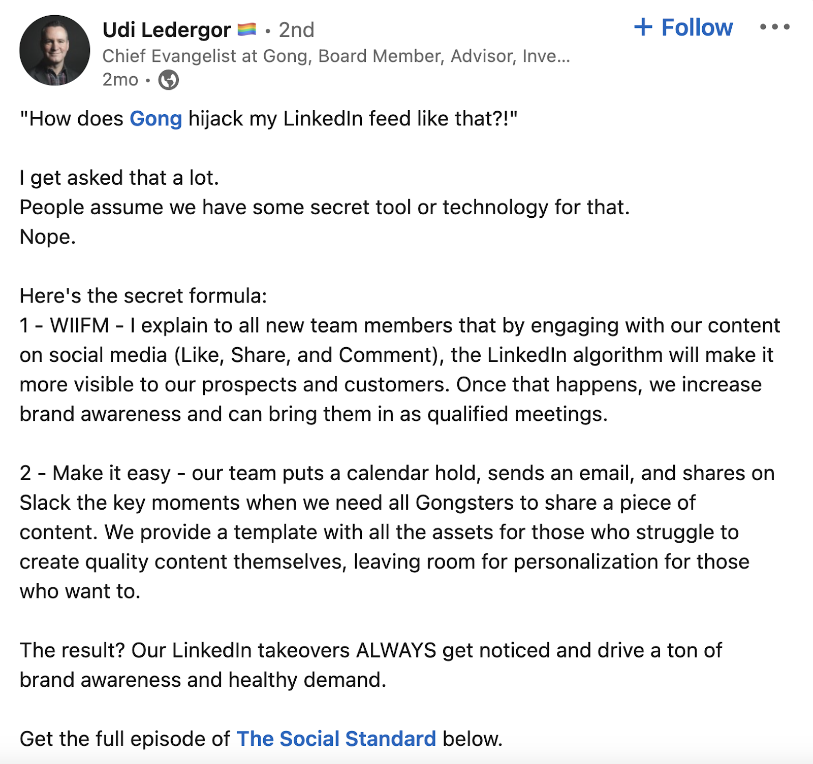 Udi Ledergor's LinkedIn post explaining the importance of employee engagement