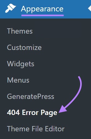 WordPress Appearance menu showing the 404 Error Page option from the 404 page plugin.
