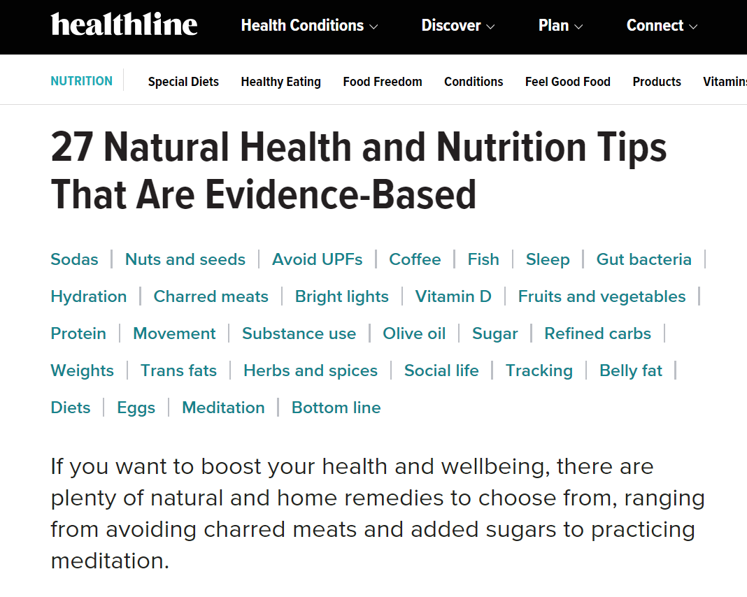 Healthline's listicle blog post about health and nutrition, broken down into 27 tips
