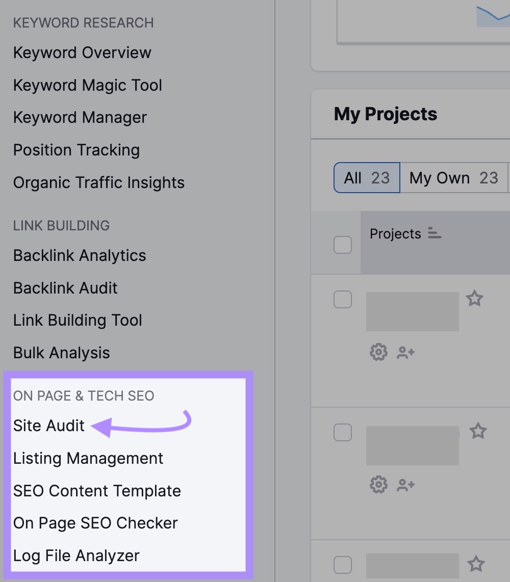 Navigating to Site Audit tool from Semrush dashboard