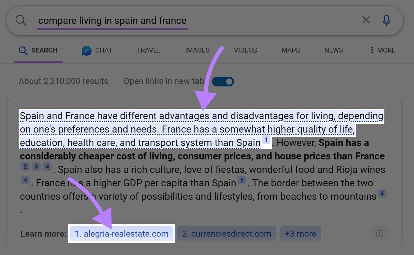 an example of linked sources in Bing featured snippet
