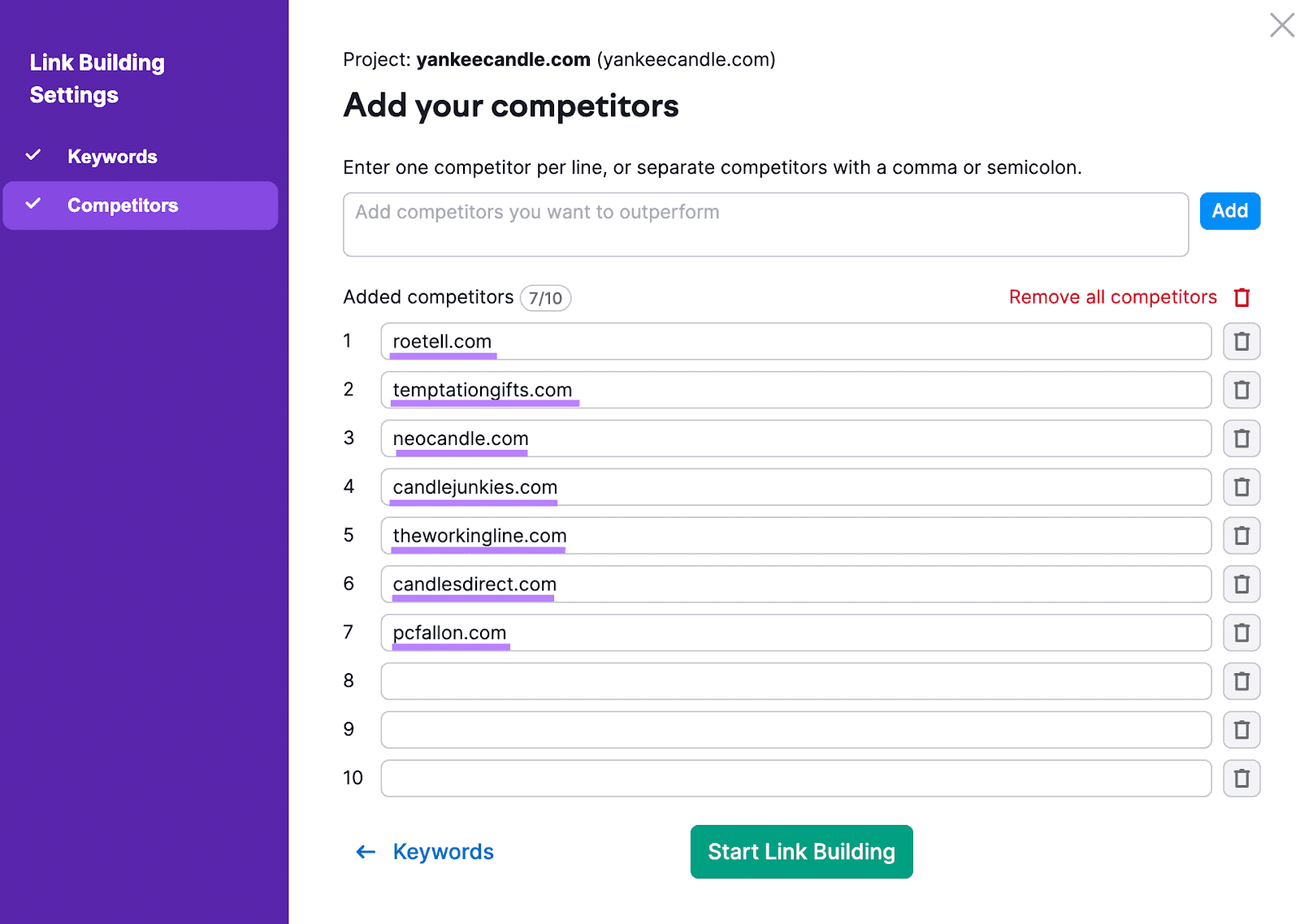 "Add your competitors" window in Link Building Settings