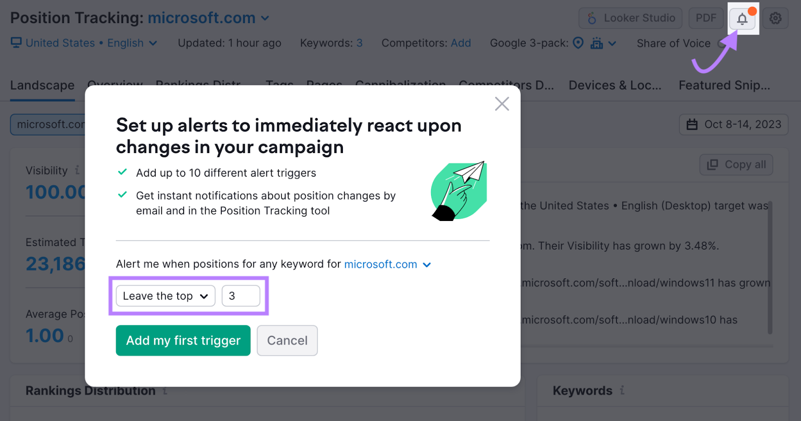 "Set up alerts to immediately react upon changes in your campaign" popup window in Position Tracking