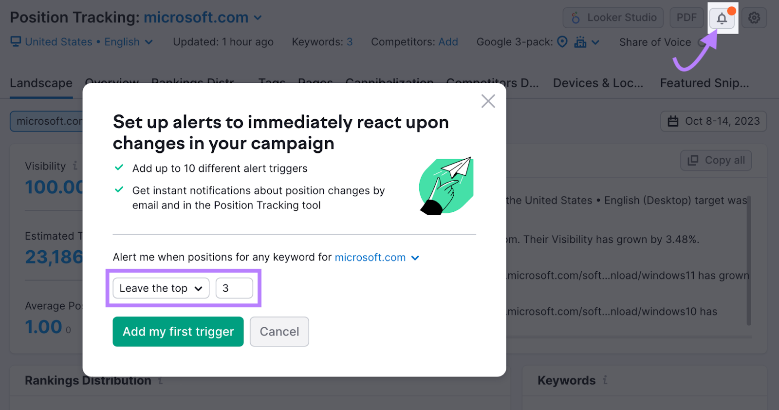 "Configurez des alertes pour réagir immédiatement aux changements dans votre campagne" fenêtre contextuelle dans le suivi de position