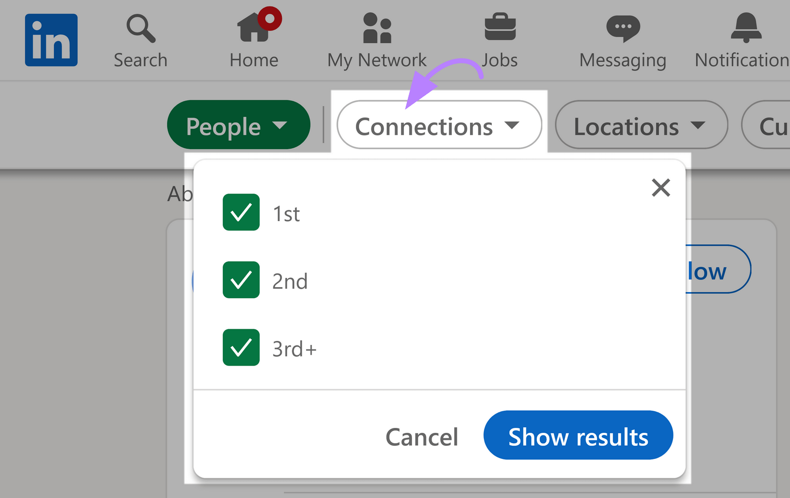 LinkedIn "Connections" filter with drop-down menu containing "1st", "2nd" and "3rd+" checkboxes