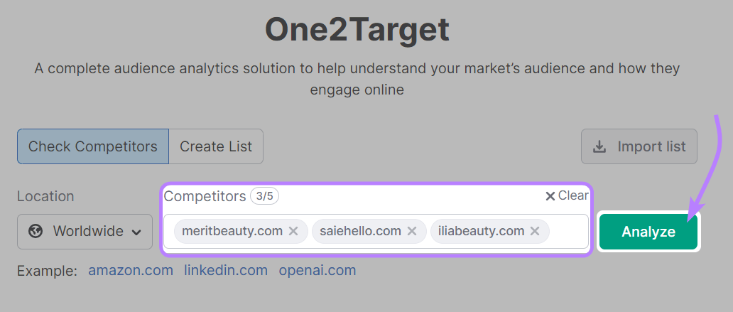 Competitors entered into the One2Target tool and "Analyze" button highlighted